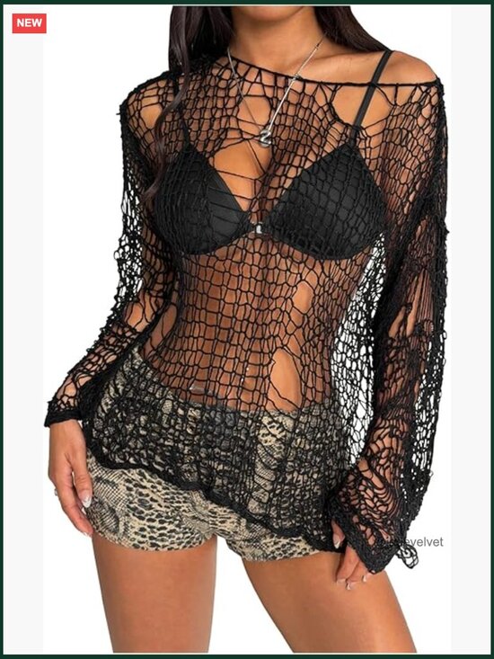 Tops - Distressed Grunge Hollow Out Knit Pullover Top